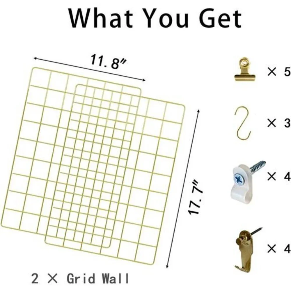 Gold Wall Grid Panel Set Photo Display Organizer with Hooks Clips 2 Pack